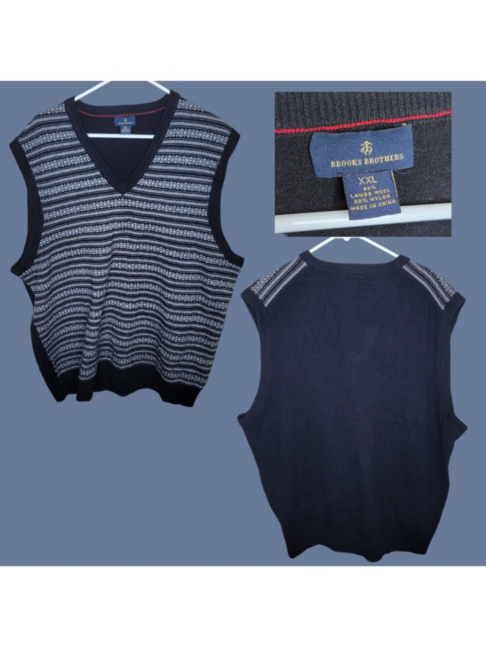 Brooks Brothers Sleeveless Sweater Vest Mens XXL 100% Lambs Wool Fair Isle Black